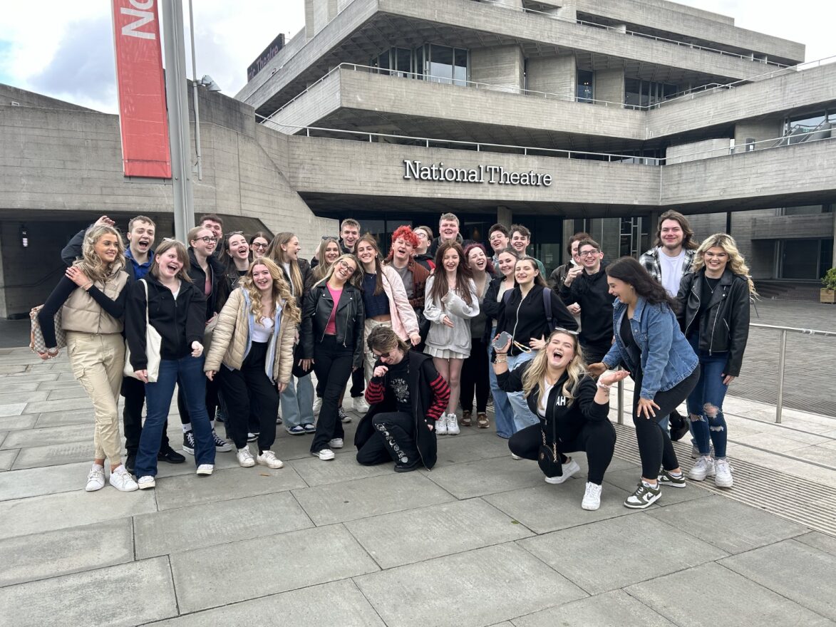 New College Durham Students stood excitedly outside of the National Theatre in London